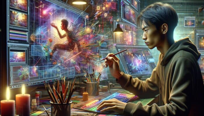 A digital artist designs a YouTube thumbnail, balancing vibrant colors and honesty to foster trust and engagement.