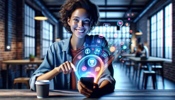 A tech-savvy millennial smiling while using a vibrant chatbot on a smartphone with contemporary slang and emojis.