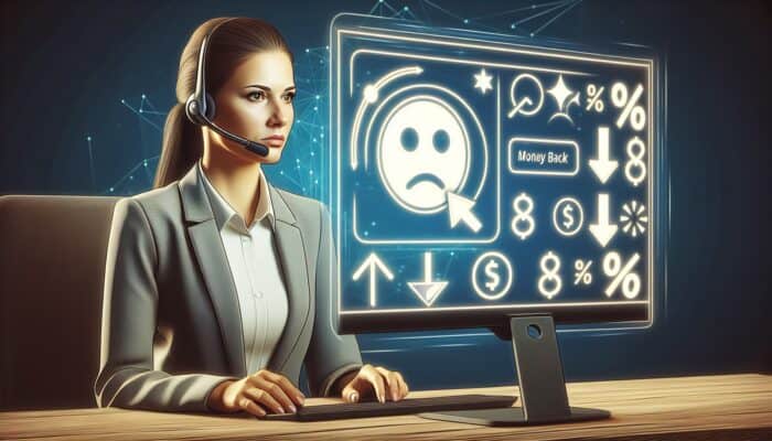 A customer service representative addressing a negative review on a screen, with refund and discount icons.