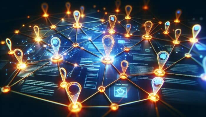 Building Backlinks Through Content Syndication: A digital network with glowing nodes and vibrant backlinks illustrating content syndication's impact on visibility and SEO.