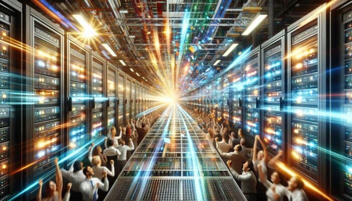 A vibrant server room with flashing lights and rapid data streams, symbolizing speed and efficiency, alongside images of satisfied customers celebrating success.