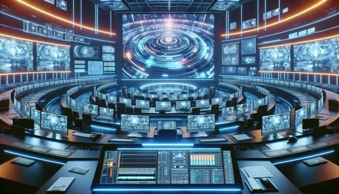 Best Tools for Creating 360-Degree Marketing Videos: A futuristic video editing suite with multiple screens showing 360-degree footage and dynamic text overlays in a neon-lit setting.