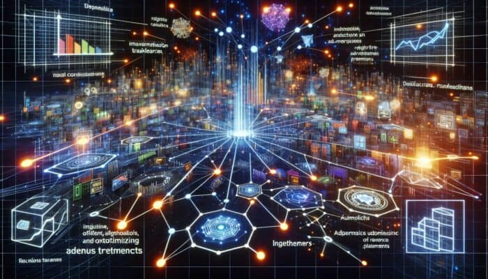Using Programmatic Ads for Hosting Efficiency: A futuristic digital marketplace with nodes for real-time ad transactions and graphs showing revenue growth.