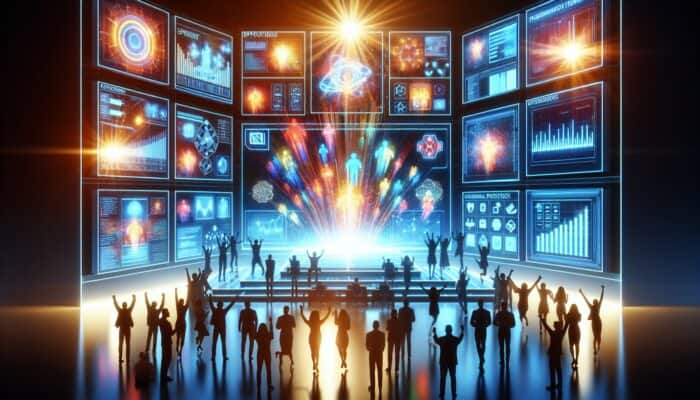 A control room with digital screens showing graphs and charts, team celebrating a successful ad campaign.