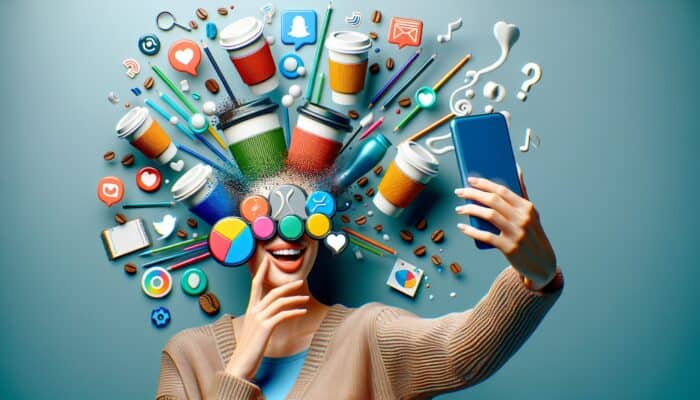 Using Snapchat Filters for Brand Promotion: A vibrant selfie filter with whimsical coffee cups, logo, and color scheme for brand recognition.