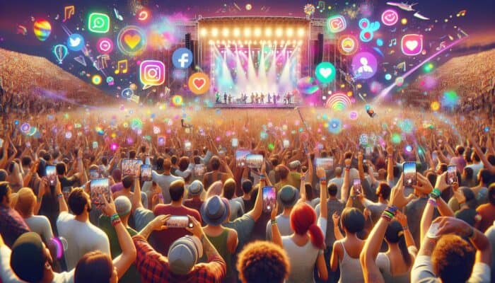 Attendees at a music festival using themed AR filters for colorful, animated selfies, enhancing social media engagement.