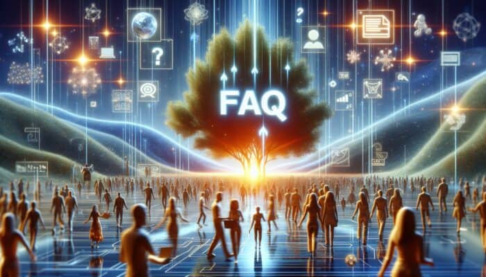 Using FAQs in Hosting Content Marketing: A glowing FAQ section on a digital landscape, surrounded by happy, diverse website visitors.