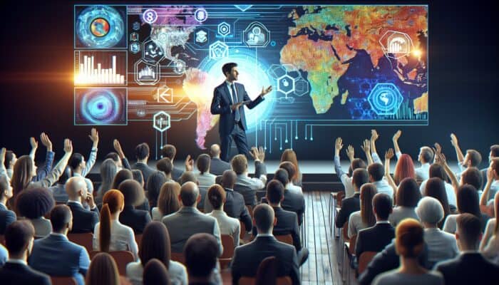 A dynamic live demo with an engaged audience, speaker addressing objections, case studies, and interactive Q&A sessions.