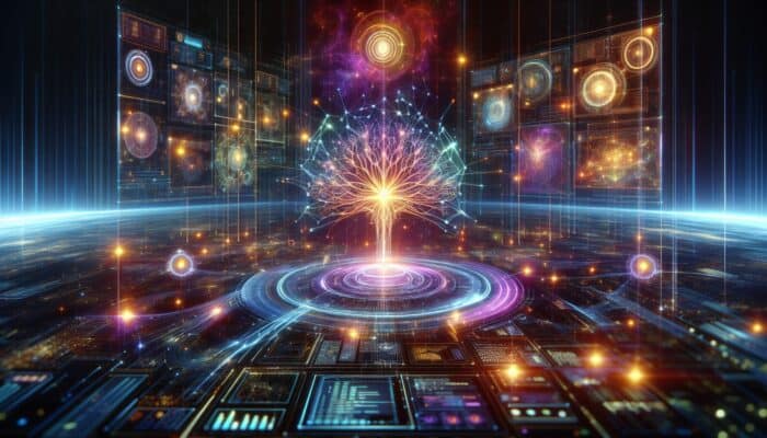 Glowing neural networks enhancing SEO by analyzing user behavior and optimizing content on a dynamic website.