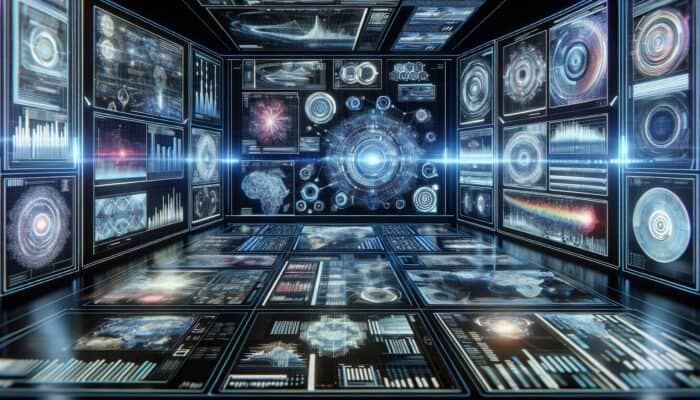 Futuristic AI interface analyzing video streams with advanced algorithms on a high-tech screen with holograms.