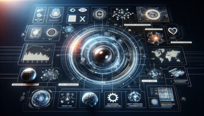 Futuristic AI interface with dynamic text overlays on video screen, enhancing comprehension for AI and viewers.