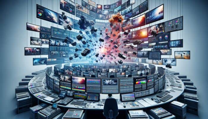 360-degree video editing suite with screens showing raw footage stitching, color correction, and sound design tools.