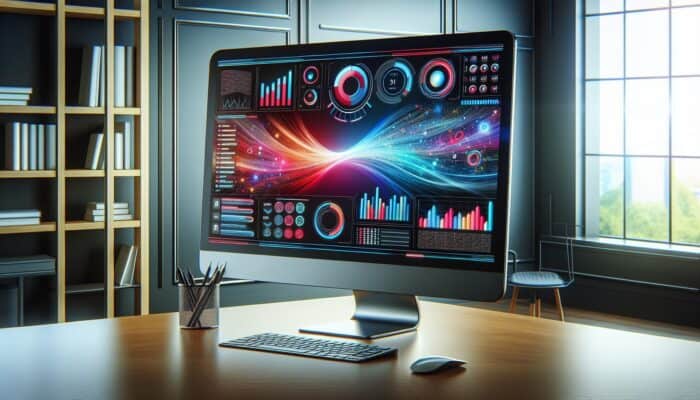 A modern computer screen showing optimized hosting ad copy with performance graphs in a professional office.