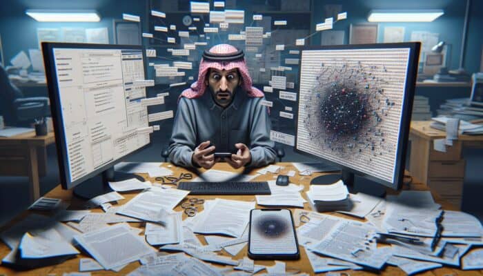 A cluttered desk with papers, smartphone showing generic ad, and person confused by technical jargon on computer screen.