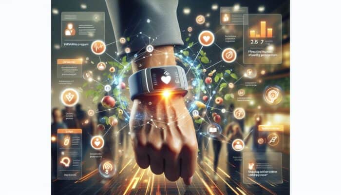 A Fitbit user shares a referral link on social media, surrounded by discount and repeat purchase icons.