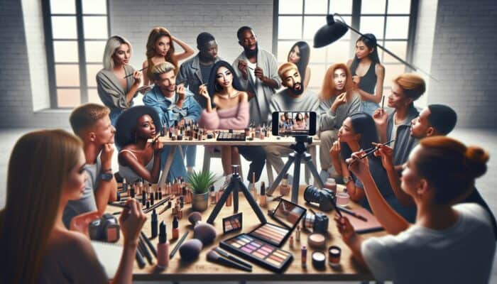 Influencers and beauty brand in a vibrant, authentic makeup tutorial setting, showcasing product versatility and engaging audience.