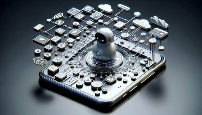 A modern smartphone displaying a futuristic e-commerce platform with AI chatbots and serverless architecture.