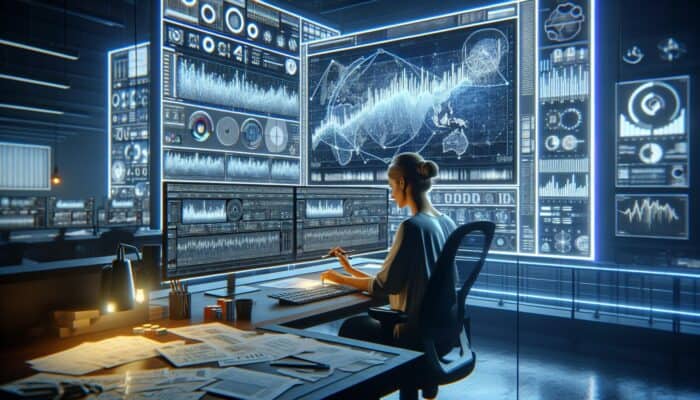 A focused editor in a high-tech studio analyzes financial data on glowing screens, creating trustworthy narratives about investment trends.