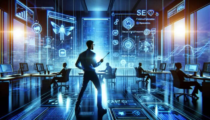 A determined digital marketer in a modern office, surrounded by screens showing SEO graphs, social media icons, and analytics, using tools under blue lighting.