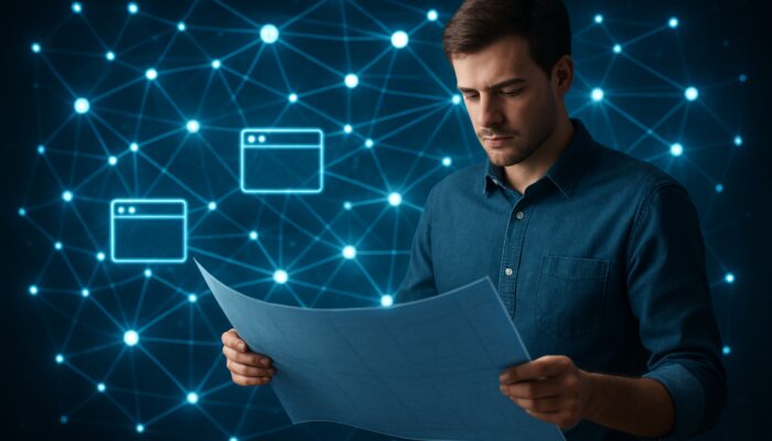 Glowing web of links connecting websites, with beginner explorer holding SEO strategy blueprint.